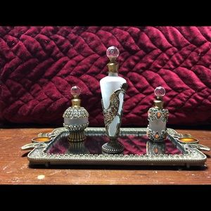 3 pc vintage perfume bottles and tray